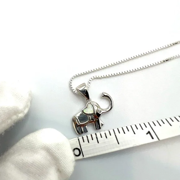 .925 Sterling Silver Elephant Necklace with Lab Opal Heart Ear